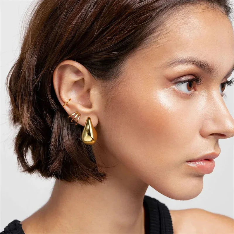 Stainless Steel Gold Color Chunky Dome Water Drop Earring for Women Vintage Glossy Thick Teardrop Hoops Earrings Jewelry