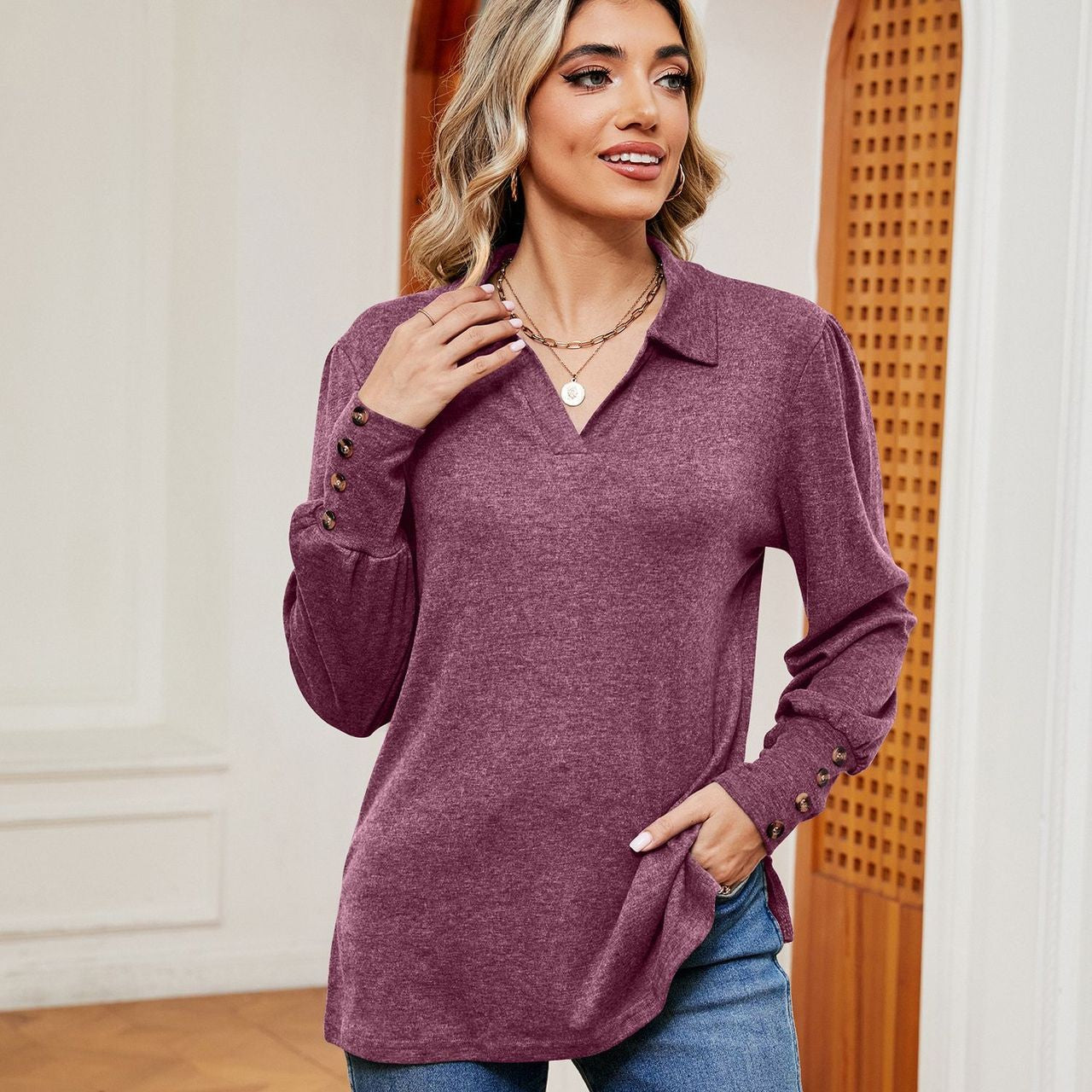 Button Loose-fitting Sanding T-shirt Top For Women
