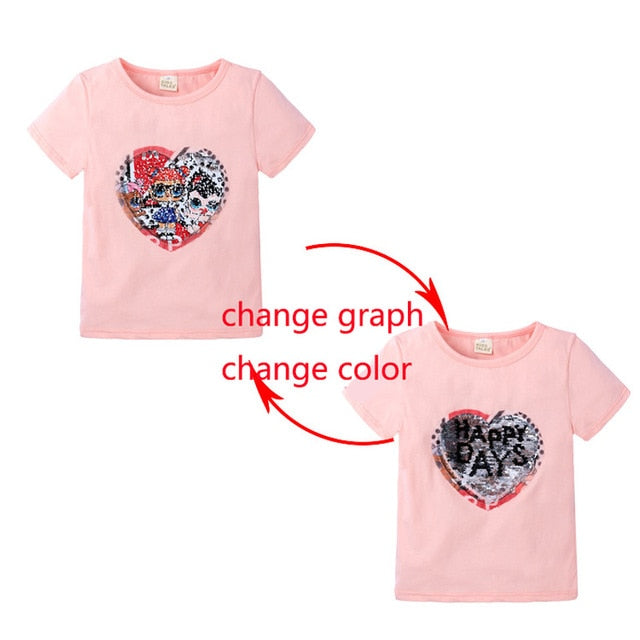 Summer Girls T-Shirts Clothing 1pcs Magic Sequin Change graph Elsa And Anna Cotton Children Casual Fashion T Shirt Kids Tops Tee