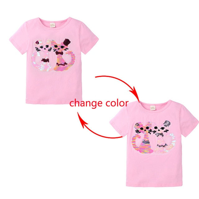 Summer Girls T-Shirts Clothing 1pcs Magic Sequin Change graph Elsa And Anna Cotton Children Casual Fashion T Shirt Kids Tops Tee