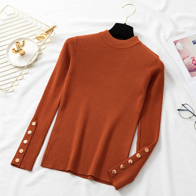casual autumn winter women thick sweater pullovers long sleeve button o-neck chic Sweater Female Slim knit top soft jumper tops