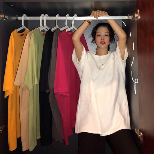 oversize Tee Shirt 7 Solid Color Basic T-shirts Women Casual Harajuku Summer new long Tops Korean Hipster White T Shirt