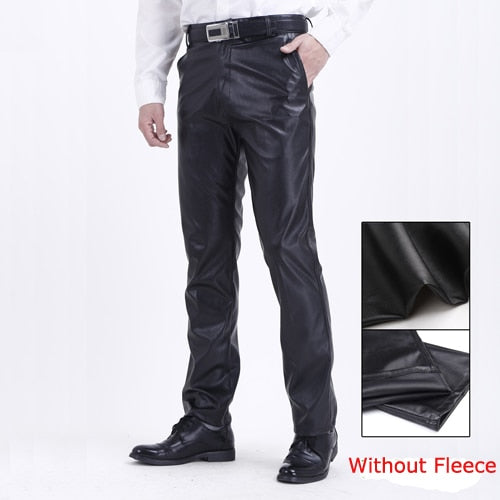 Thoshine Brand Summer Men Leather Pants Working Elastic Lightweight Smart Casual PU Leather Trousers Thin Motor Pants Plus Size
