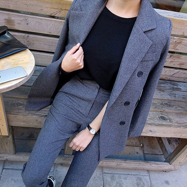 Fashion Business Pant Suits Uniform Formal Double Breasted Jacket and Long Pant Black Blazer Set Women OL 2 Two Pieces Suits