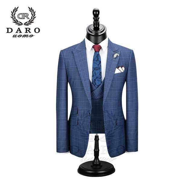 DARO 2020 New Men Suit 3 Pieces Fashion Plaid Suit  Slim Fit  blue purple  Wedding Dress  Suits Blazer Pant and Vest DR8193