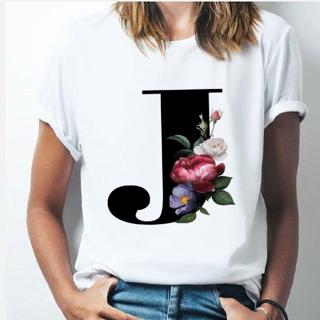 Vogue 26 alphabet letter women T-shirt Girl A To Z Alphabet combination flowers Short Sleeve casual Korean Style Tops,Drop Ship