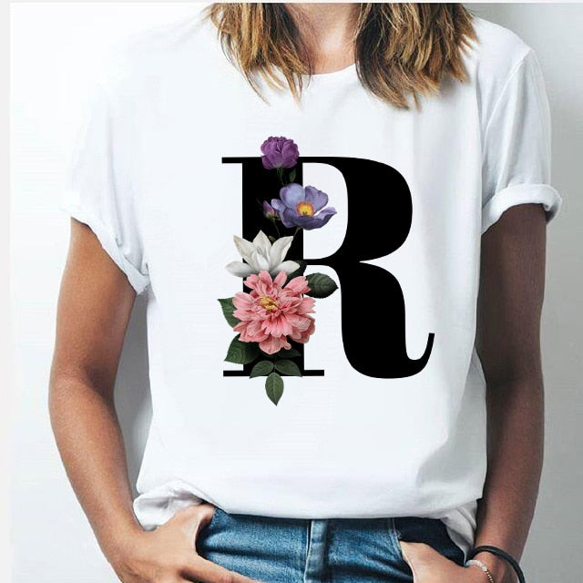 Vogue 26 alphabet letter women T-shirt Girl A To Z Alphabet combination flowers Short Sleeve casual Korean Style Tops,Drop Ship