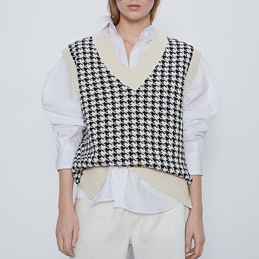 women 2020 fashion oversized knitted vest sweater V neck sleeveless houndstooth loose female waistcoat chic tops