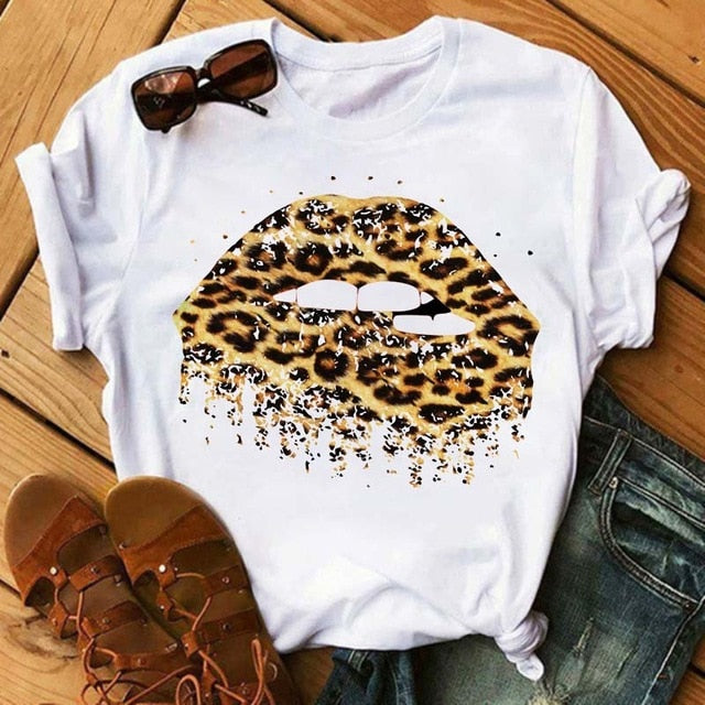 Maycaur Fashion Leopard Lips Printed T Shirt Women Summer Short Sleeve Lips T-shirt White Tees Shirt Harajuku Korean Street Tops