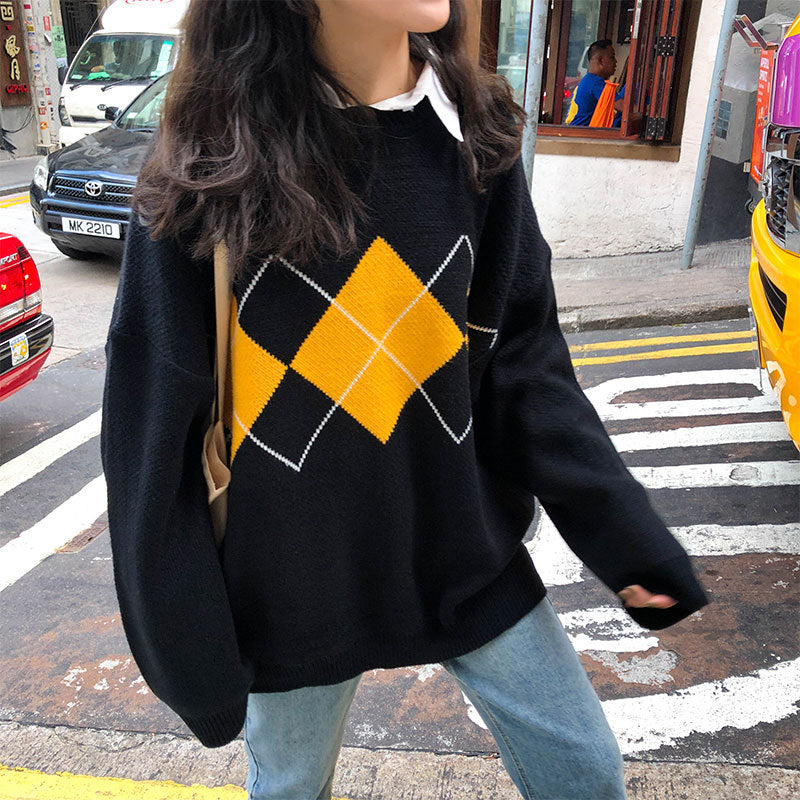 Korean College Style Autumn Winter Geometric Pattern Argyle Pullovers Loose Oversized O-Neck Knitted Sweaters Woman Jumper Mujer