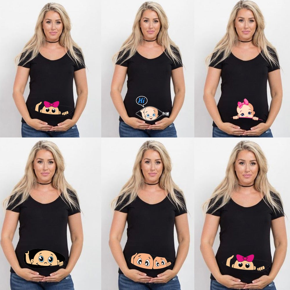 Summer Funny Cartoon Print Maternity Clothing Plus-Size Short Sleeve Pregnant T-Shirt Tops  Women Hot Sale T-Shirts