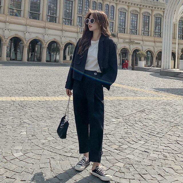 Women 2 Piece Set 2020 Autumn Casual Blazers Loose Office Ladies Business Suit Female Korean Fashion Blazer + Suits Pant