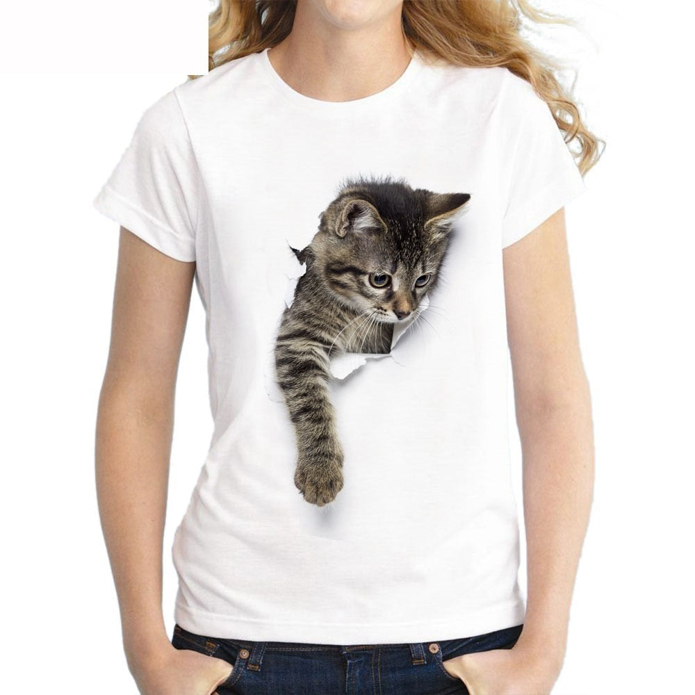 Harajuku Women T-Shirt 3D cat Print Casual tee Summer Short sleeve Round neck Cheap Clothes China Top Mode Femme qy*