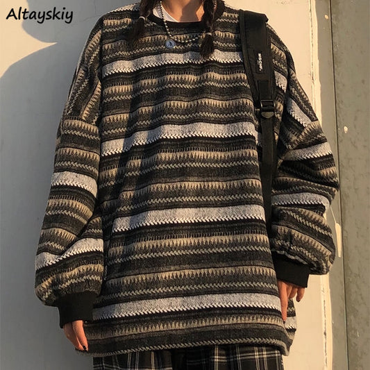 Pullovers Women Oversize Ulzzang BF Unisex Couples Japanese Striped Knit Sweater Hip Hop Female New Winter Fashion Retro Daily