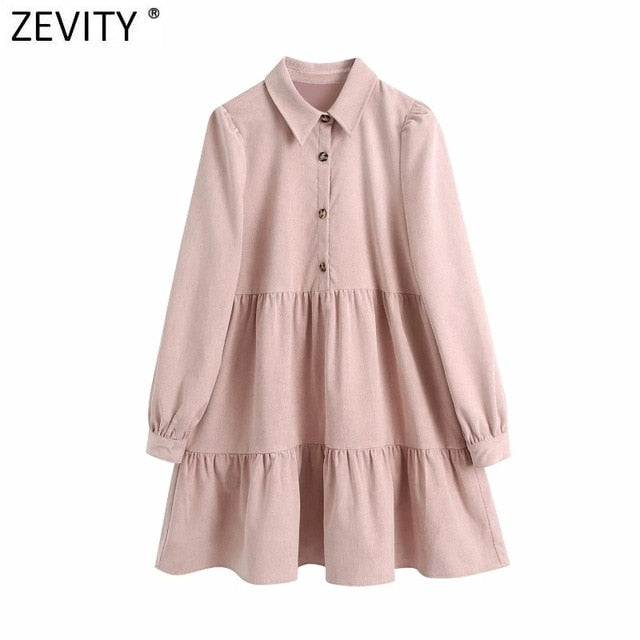 Zevity Women Vintage Solid Color Pleats Corduroy Mini Dress Female Long Sleeve Casual Business Vestido Chic Shirt Dresses DS4817