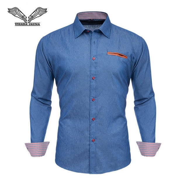 VISADA JAUNA US Europe XXL 2018 Men Shirt Solid Color Cotton Casual Business Male Brand Clothing Chemise Homme Blue Dress