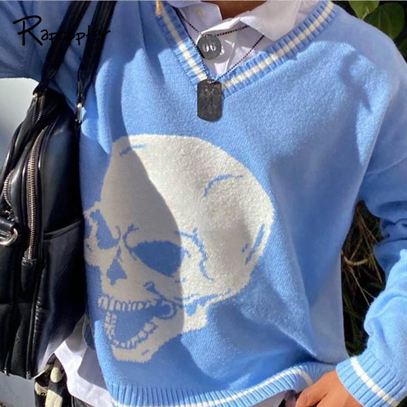 Rapcopter Y2K Sweaters Skulls Pullovers V Neck Knitwear Loose Casual Knitted Tops Women Streetwear Retro Tops Blue 2020 Autumn