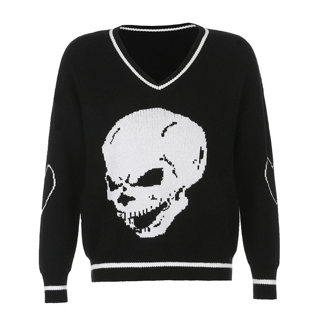 Rapcopter Y2K Sweaters Skulls Pullovers V Neck Knitwear Loose Casual Knitted Tops Women Streetwear Retro Tops Blue 2020 Autumn