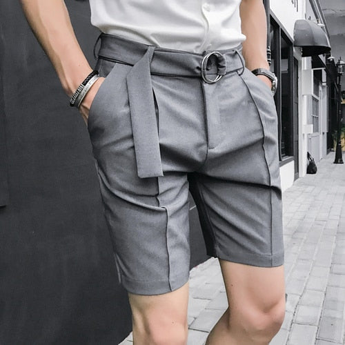 Summer British Men's Pants Solid Color Business Dress Trousers Casual Slim Fit Suits Shorts Side Split Five-point Streetwear