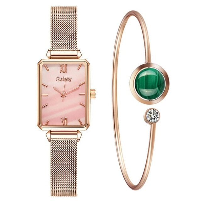 Gaiety Brand Women Watches Fashion Square Ladies Quartz Watch Bracelet Set Green Dial Simple Rose Gold Mesh Luxury Women Watches