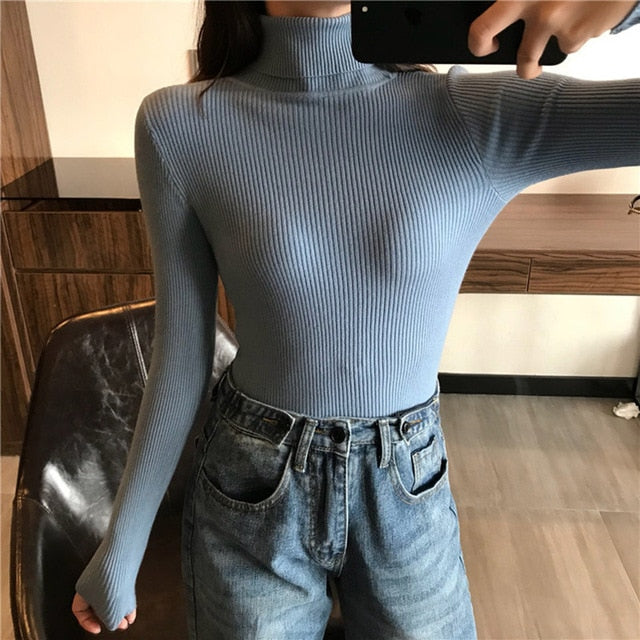 2021 Autumn Winter Thick Sweater Women Knitted Ribbed Pullover Sweater Long Sleeve Turtleneck Slim Jumper Soft Warm Pull Femme