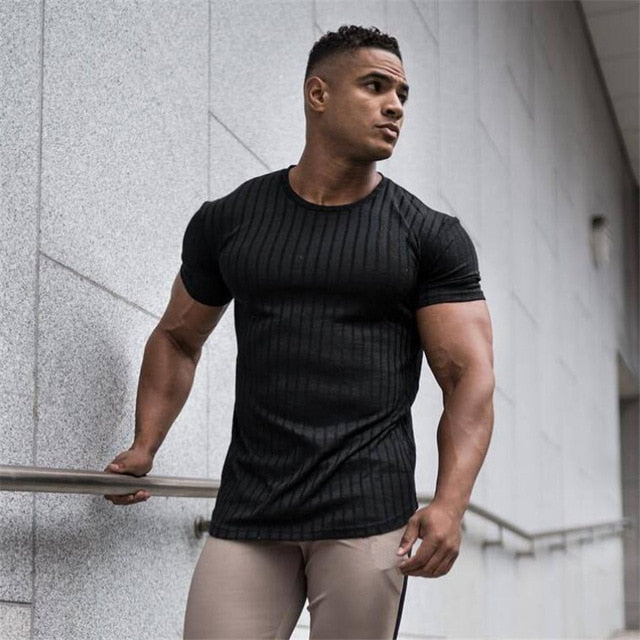 Running V Neck Short Sleeve T Shirt Men Fitness Slim Fit Sports Strips T-shirt Fashion Tees Tops Summer Knitted Gym Clothing