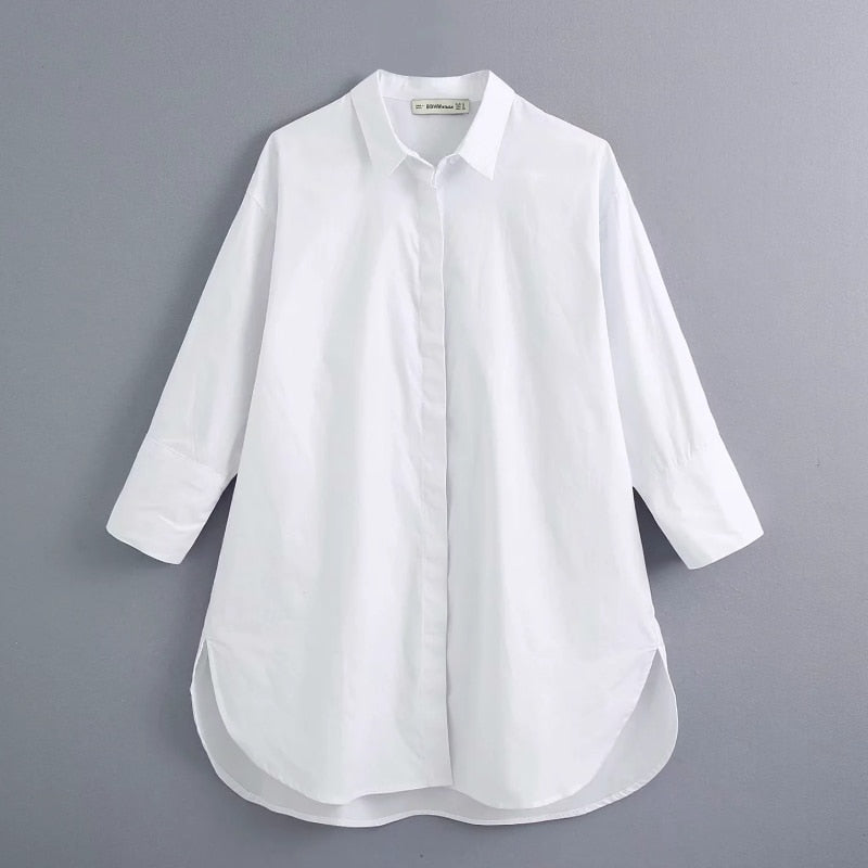 New 2021 women simply style buttons decoration casual white poplin blouse office lady side split shirts chic blusas tops LS6562