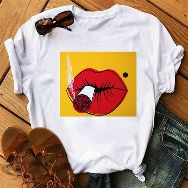 ZOGANKIN Cool Streetwear Female Black T-shirt Rainbow Lip and Butterfly Print Harajuku  Women Summer Cotton T Shirt Femme Tops
