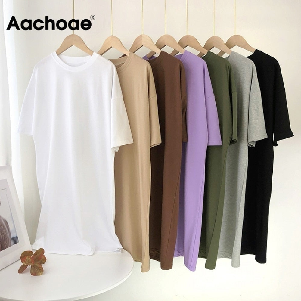 Aachoae Women Casual Loose Solid 100% Cotton T Shirt Dress O Neck Mini Dress Batwing Short Sleeve Basic Dresses Vestidos