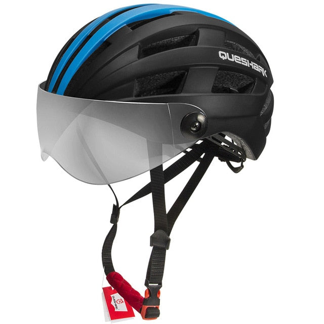 QUESHARK Professional Cycling Helmet With Removable Lens MTB Bike Transparent Lens Cycling Safely Cap L Size 58cm-64cm QE116