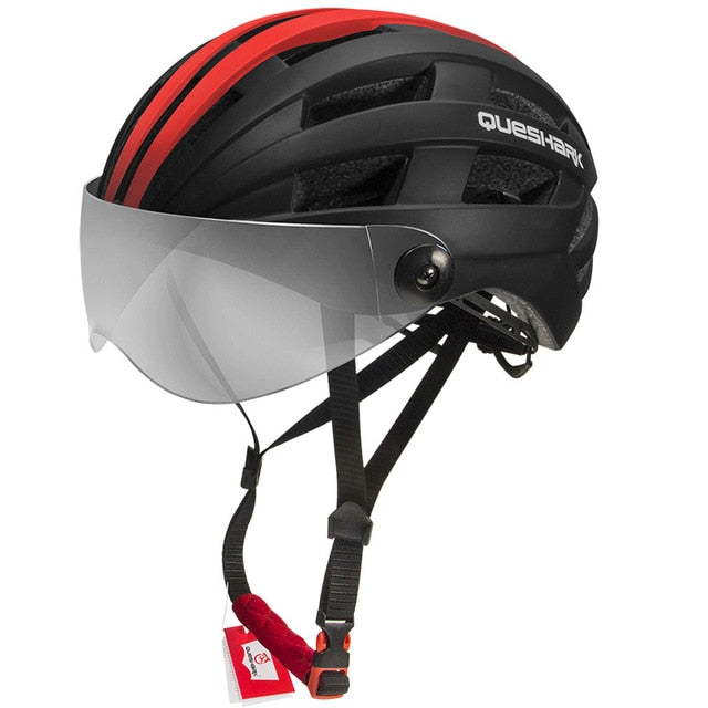 QUESHARK Professional Cycling Helmet With Removable Lens MTB Bike Transparent Lens Cycling Safely Cap L Size 58cm-64cm QE116